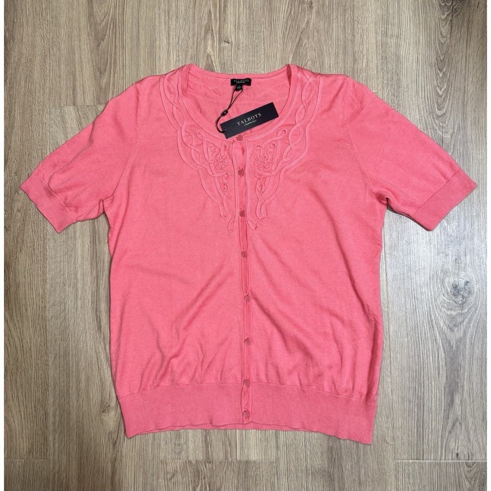 NWT Talbots Women Short Sleeve Blouse Cardigan Sweater Pink Cottagecore Preppy L